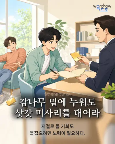 한국어 속담 “감나무 밑에 누워도 삿갓 미사리를 대어라” 1컷 일러스트