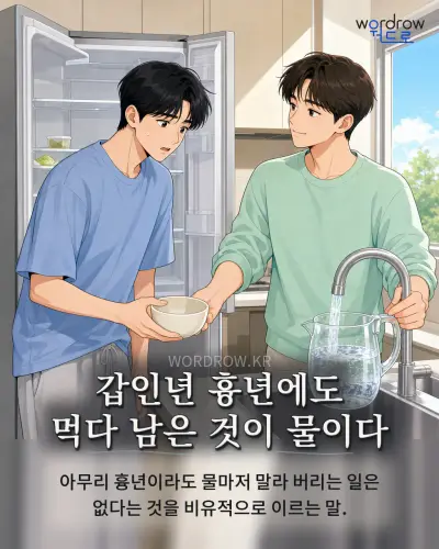 한국어 속담 “갑인년 흉년에도 먹다 남은 것이 물이다”를 한 장면으로 담은 1컷 일러스트