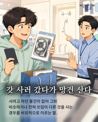 한국어 속담 “갓 사러 갔다가 망건 산다” 1컷 일러스트
