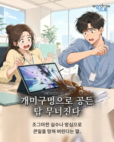 한국어 속담 “개미구멍으로 공든 탑 무너진다”를 한 장면으로 담은 1컷 일러스트