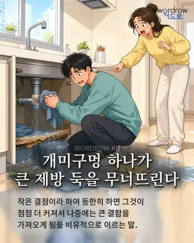 한국어 속담 “개미구멍 하나가 큰 제방 둑을 무너뜨린다” 1컷 일러스트