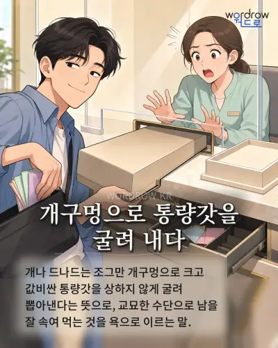 한국어 속담 “개구멍으로 통량갓을 굴려 내다” 1컷 일러스트