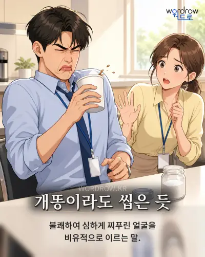 한국어 속담 “개똥이라도 씹은 듯”를 한 장면으로 담은 1컷 일러스트
