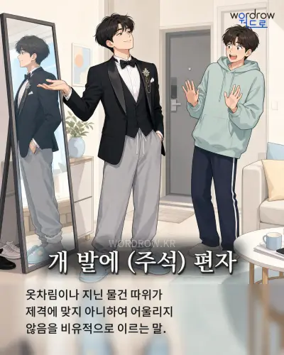 한국어 속담 “개 발에 (주석) 편자” 1컷 일러스트