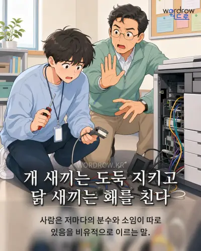 한국어 속담 “개 새끼는 도둑 지키고 닭 새끼는 홰를 친다” 1컷 일러스트