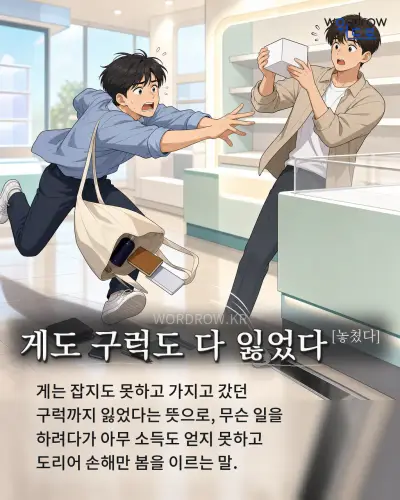 한국어 속담 “게도 구럭도 다 잃었다” 1컷 일러스트