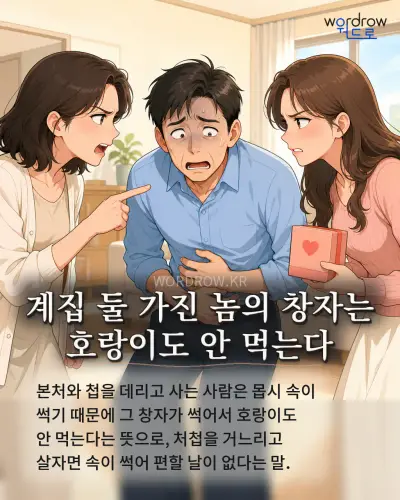 한국어 속담 “계집 둘 가진 놈의 창자는 호랑이도 안 먹는다” 1컷 일러스트