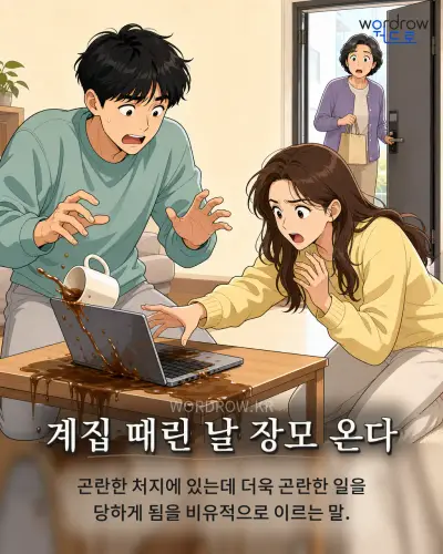 한국어 속담 “계집 때린 날 장모 온다”를 한 장면으로 담은 1컷 일러스트