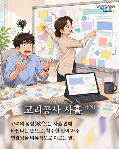한국어 속담 “고려공사 사흘” 1컷 일러스트