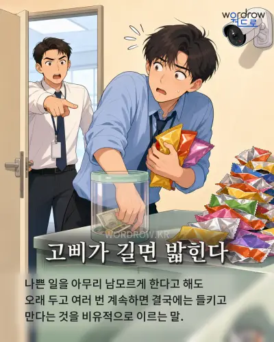 한국어 속담 “고삐가 길면 밟힌다” 1컷 일러스트