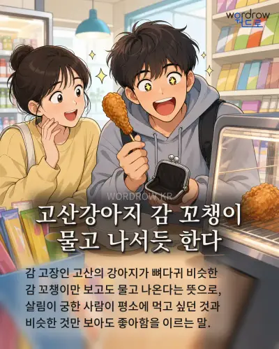 한국어 속담 “고산강아지 감 꼬챙이 물고 나서듯 한다” 1컷 일러스트