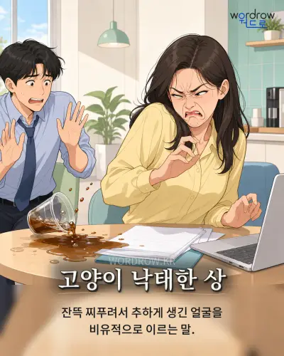 한국어 속담 “고양이 낙태한 상”를 한 장면으로 담은 1컷 일러스트