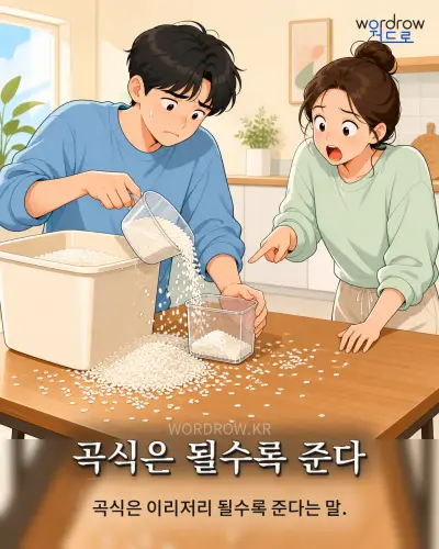 한국어 속담 “곡식은 될수록 준다”를 한 장면으로 담은 1컷 일러스트
