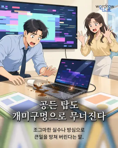 한국어 속담 “공든 탑도 개미구멍으로 무너진다” 1컷 일러스트