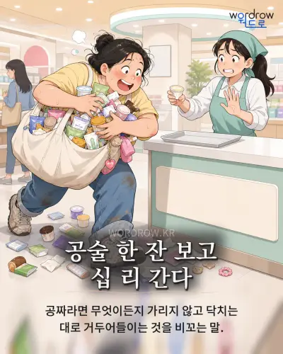 한국어 속담 “공술 한 잔 보고 십 리 간다”를 한 장면으로 담은 1컷 일러스트