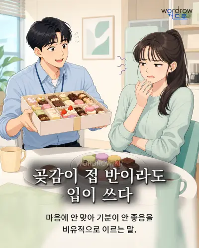 한국어 속담 “곶감이 접 반이라도 입이 쓰다” 1컷 일러스트