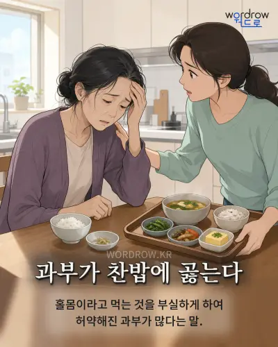 한국어 속담 “과부가 찬밥에 곯는다” 1컷 일러스트
