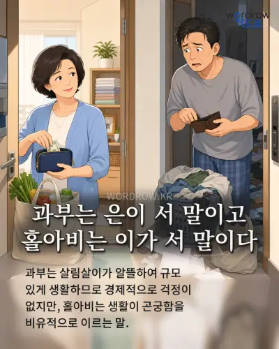 한국어 속담 “과부는 은이 서 말이고 홀아비는 이가 서 말이다”를 한 장면으로 담은 1컷 일러스트