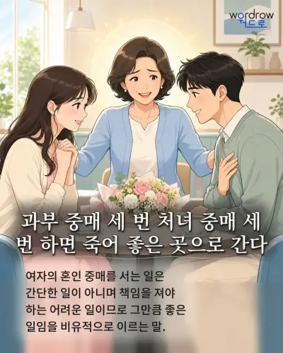 한국어 속담 “과부 중매 세 번 처녀 중매 세 번 하면 죽어 좋은 곳으로 간다” 1컷 일러스트