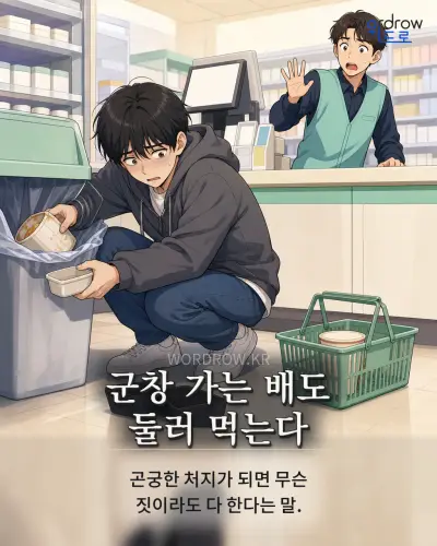 한국어 속담 “군창 가는 배도 둘러 먹는다”를 한 장면으로 담은 1컷 일러스트