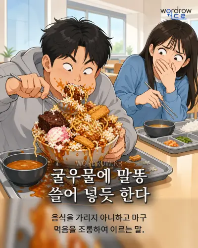 한국어 속담 “굴우물에 말똥 쓸어 넣듯 한다” 1컷 일러스트