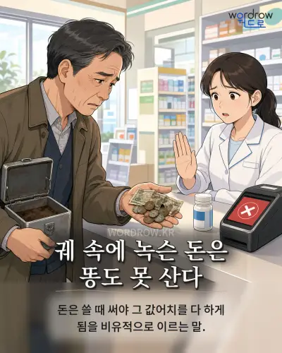 한국어 속담 “궤 속에 녹슨 돈은 똥도 못 산다” 1컷 일러스트