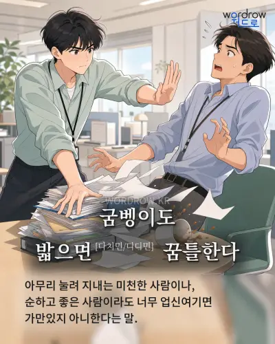 한국어 속담 “굼벵이도 밟으면[다치면/디디면] 꿈틀한다” 1컷 일러스트