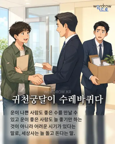 한국어 속담 “귀천궁달이 수레바퀴다” 1컷 일러스트