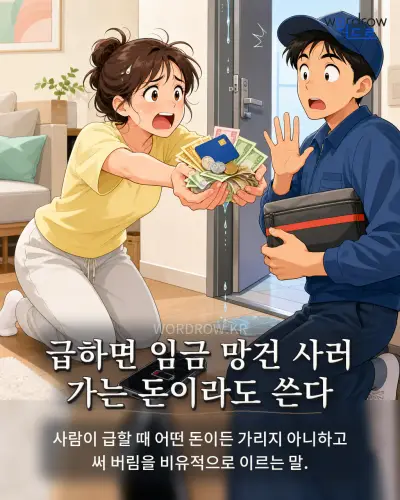 한국어 속담 “급하면 임금 망건 사러 가는 돈이라도 쓴다” 1컷 일러스트