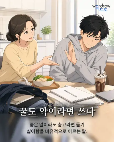 한국어 속담 “꿀도 약이라면 쓰다” 1컷 일러스트