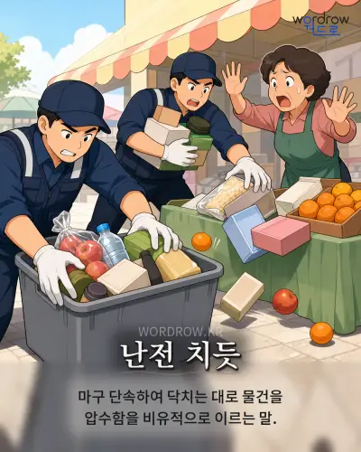 한국어 속담 “난전 치듯”를 한 장면으로 담은 1컷 일러스트