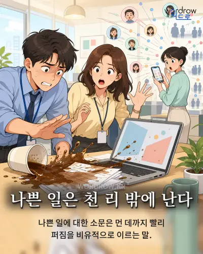 한국어 속담 “나쁜 일은 천 리 밖에 난다” 1컷 일러스트