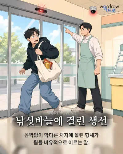 한국어 속담 “낚싯바늘에 걸린 생선” 1컷 일러스트