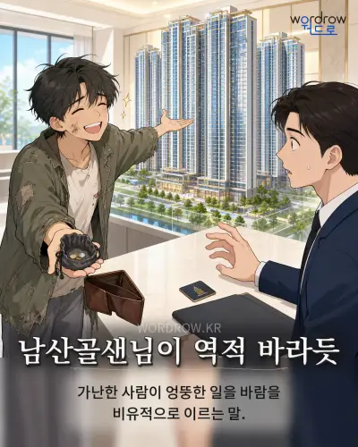 한국어 속담 “남산골샌님이 역적 바라듯”를 한 장면으로 담은 1컷 일러스트