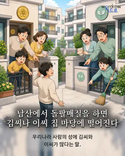 한국어 속담 “남산에서 돌팔매질을 하면 김씨나 이씨 집 마당에 떨어진다” 1컷 일러스트