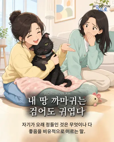 한국어 속담 “내 땅 까마귀는 검어도 귀엽다”를 한 장면으로 담은 1컷 일러스트