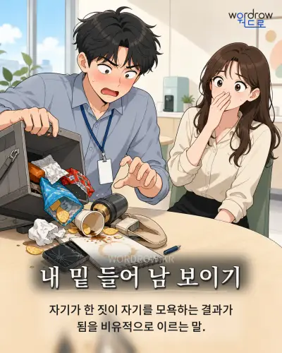 한국어 속담 “내 밑 들어 남 보이기”를 한 장면으로 담은 1컷 일러스트