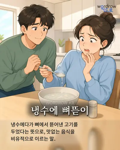 한국어 속담 “냉수에 뼈뜯이”를 한 장면으로 담은 1컷 일러스트