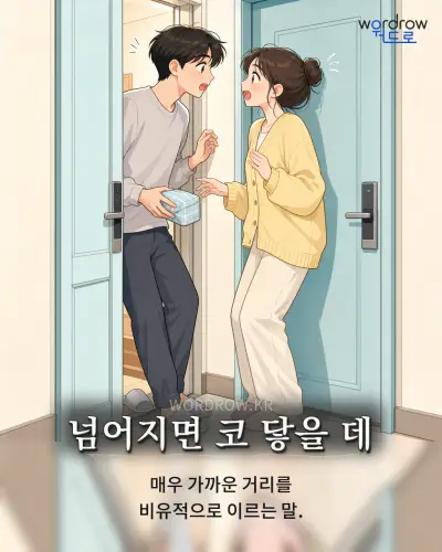 한국어 속담 “넘어지면 코 닿을 데”를 한 장면으로 담은 1컷 일러스트