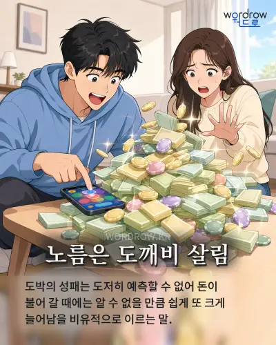 한국어 속담 “노름은 도깨비 살림” 1컷 일러스트