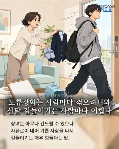 한국어 속담 “노류장화는 사람마다 꺾으려니와 산닭 길들이기는 사람마다 어렵다” 1컷 일러스트