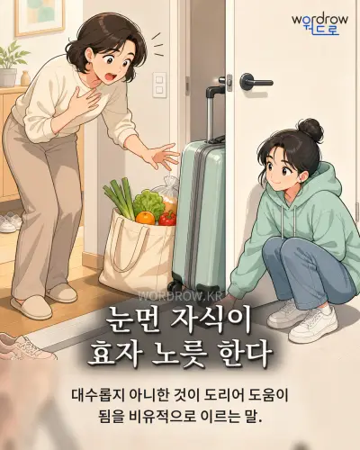 한국어 속담 “눈먼 자식이 효자 노릇 한다” 1컷 일러스트