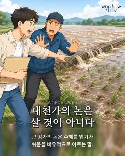 한국어 속담 “대천가의 논은 살 것이 아니다” 1컷 일러스트