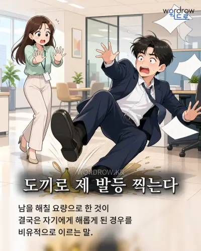 한국어 속담 “도끼로 제 발등 찍는다” 1컷 일러스트