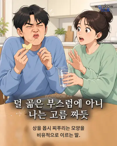 한국어 속담 “덜 곪은 부스럼에 아니 나는 고름 짜듯”를 한 장면으로 담은 1컷 일러스트
