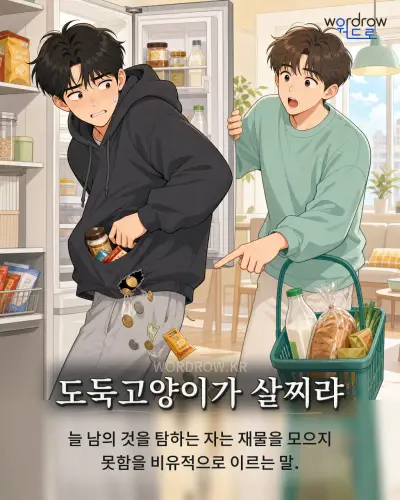 한국어 속담 “도둑고양이가 살찌랴” 1컷 일러스트