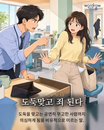한국어 속담 “도둑맞고 죄 된다” 1컷 일러스트