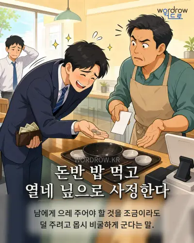 한국어 속담 “돈반 밥 먹고 열네 닢으로 사정한다”를 한 장면으로 담은 1컷 일러스트