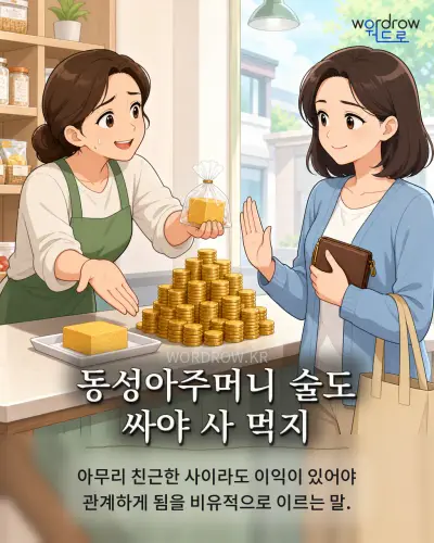 한국어 속담 “동성아주머니 술도 싸야 사 먹지” 1컷 일러스트