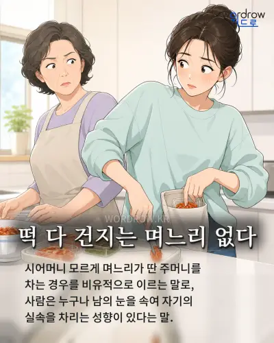 한국어 속담 “떡 다 건지는 며느리 없다” 1컷 일러스트
